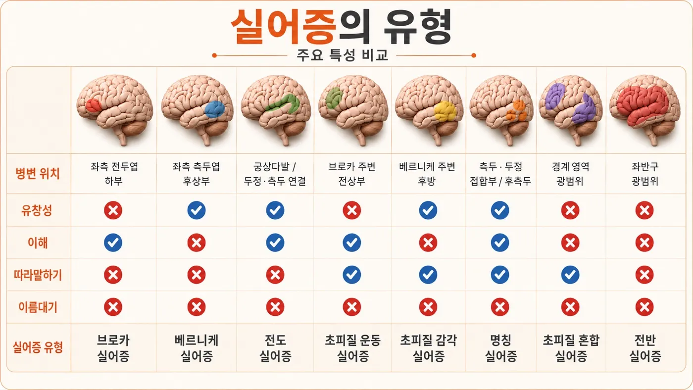 실어증의 유형 - 주요 특성 비교 (브로카·베르니케·전도·초피질운동·초피질감각·명칭·초피질혼합·전반 실어증)
